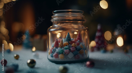 A glass jar with artificial snow and Christmas minia Generative AI  photo