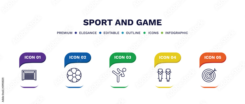 set of sport and game thin line icons. sport and game outline icons with infographic template. linear icons such as hockey goal, football ball, taekwondo, shin guards, bullseye vector.
