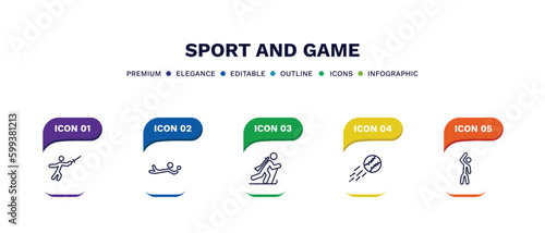 set of sport and game thin line icons. sport and game outline icons with infographic template. linear icons such as medieval fencing, volleyball motion, biathlon, home run, left bend vector.