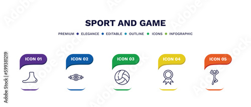 set of sport and game thin line icons. sport and game outline icons with infographic template. linear icons such as ankle, champion belt, volleyball ball, golden medal, yoga posture vector.