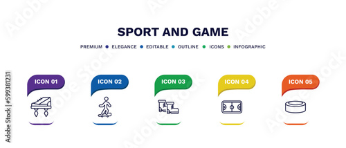 set of sport and game thin line icons. sport and game outline icons with infographic template. linear icons such as flying shoes, boy with skatingboard, ski boots, basketball court, hockey puck