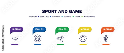 set of sport and game thin line icons. sport and game outline icons with infographic template. linear icons such as man sprinting, football ball circular, excercise, equipment, wushu vector.