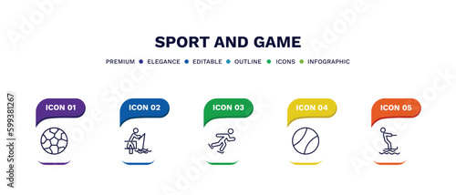 set of sport and game thin line icons. sport and game outline icons with infographic template. linear icons such as soccer football ball, fisher fishing, skating, tennis sport ball, jet surfing