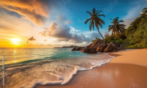  the sun is setting over the ocean with palm trees on the shore. generative ai