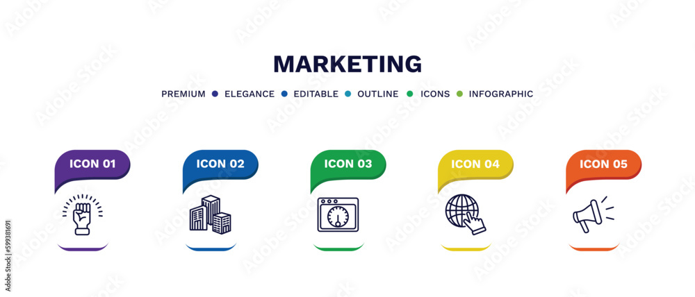 set of marketing thin line icons. marketing outline icons with infographic template. linear icons such as motivation, enterprise, velocity test, web cursor, promote vector.