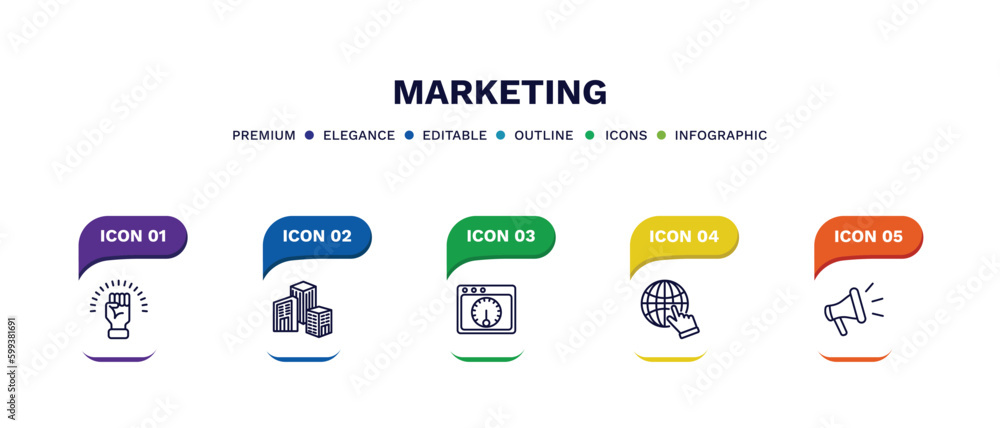 set of marketing thin line icons. marketing outline icons with infographic template. linear icons such as motivation, enterprise, velocity test, web cursor, promote vector. set of marketing thin line icons. marketing outline icons with infographic template. linear icons such as motivation, enterprise, velocity test, web cursor, promote vector.