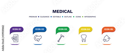 set of medical thin line icons. medical outline icons with infographic template. linear icons such as medical insurance, pancreas, walking stick, teeth, blood pressure vector.