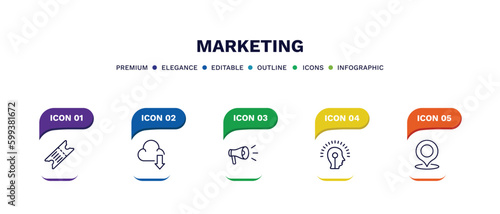 set of marketing thin line icons. marketing outline icons with infographic template. linear icons such as eticket, download from cloud, campaign, potential, place vector.
