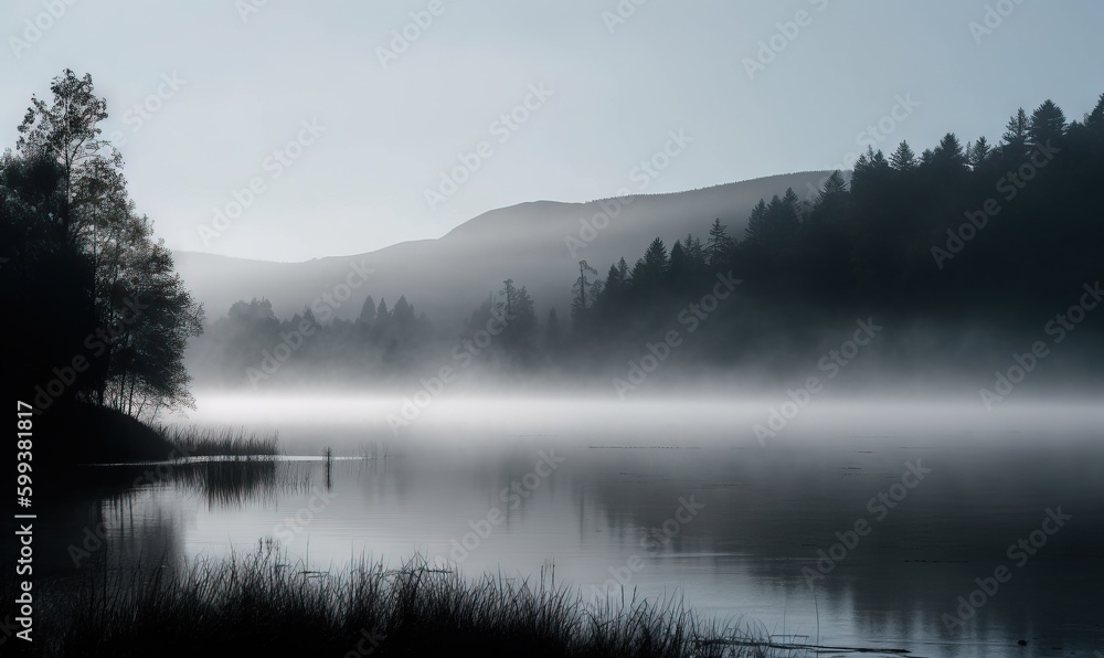  a body of water surrounded by trees and mist covered mountains.  generative ai