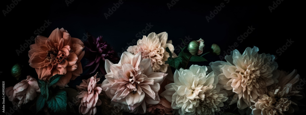 Flowers in a black background, in the style of pastel tones, vintage modernism, lush and detailed, muted color palette. Generative Ai. Flowers in a black background, in the style of pastel tones, vintage modernism, lush and detailed, muted color palette. Generative Ai.