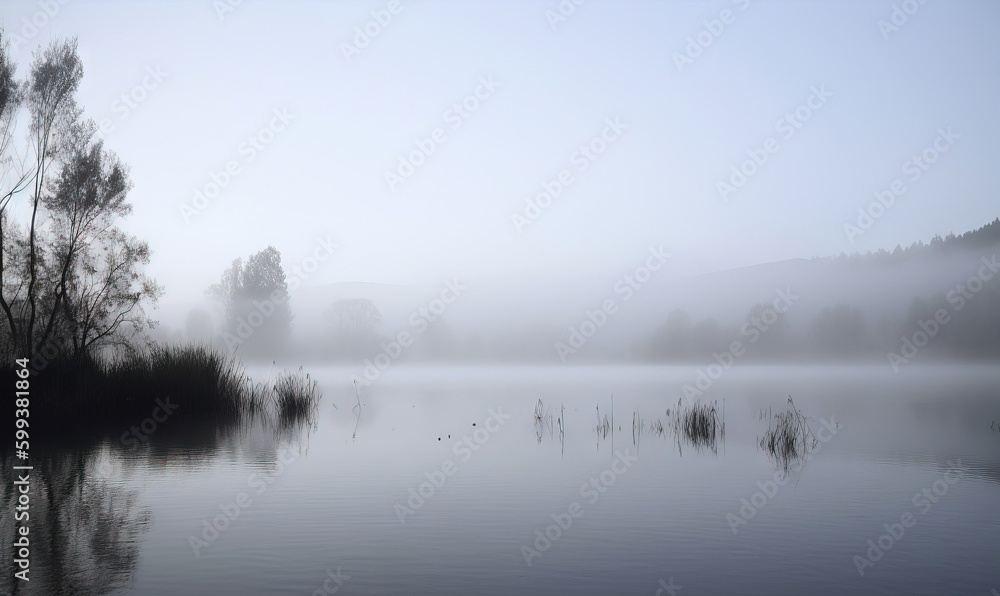 a foggy lake surrounded by trees and bushes in the foreground. generative ai a foggy lake surrounded by trees and bushes in the foreground. generative ai