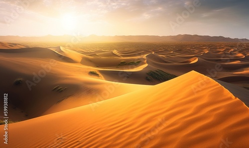  the sun is setting over a desert landscape with sand dunes.  generative ai