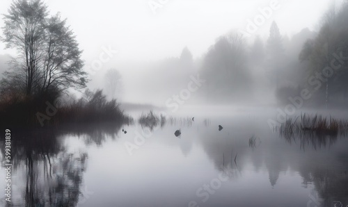  a foggy lake surrounded by trees and birds in the water. generative ai