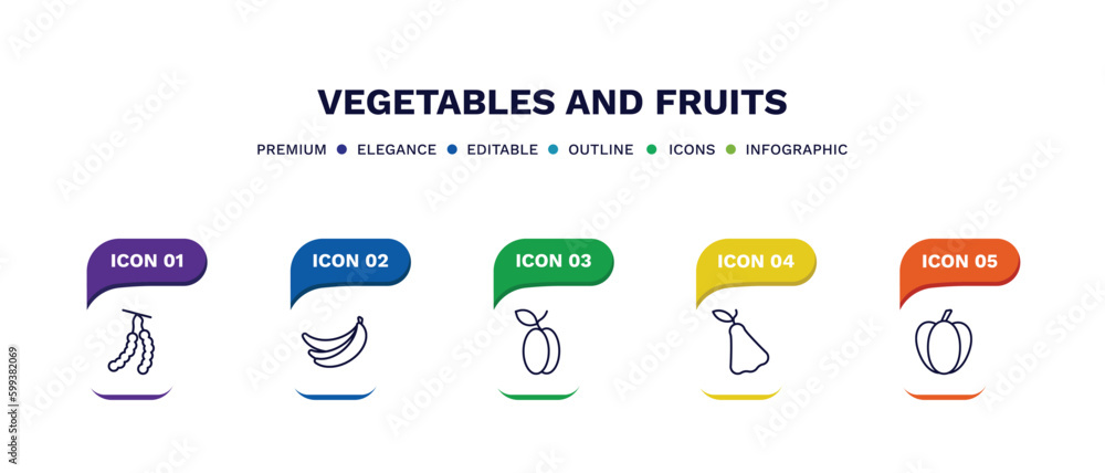 set of vegetables and fruits thin line icons. vegetables and fruits outline icons with infographic template. linear icons such as tamarind, banana, plum, rose, pepper vector. set of vegetables and fruits thin line icons. vegetables and fruits outline icons with infographic template. linear icons such as tamarind, banana, plum, rose, pepper vector.