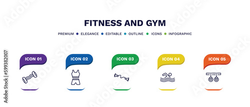 set of fitness and gym thin line icons. fitness and gym outline icons with infographic template. linear icons such as resistance, female sportwear, exercise bands, man swimming, gymnastic rings