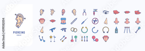 A collection sheet of linear color icons for Piercing, including icons like Ear piercing, Nose, Ring and more