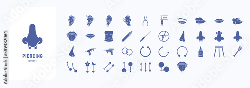 A collection sheet of solid icons for Piercing, including icons like Ear piercing, Nose, Ring and more