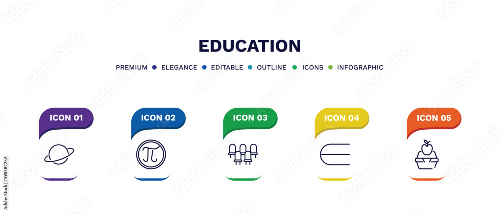 set of education thin line icons. education outline icons with infographic template. linear icons such as planet saturn, pi, grandstand, is an element of, lunchbox vector. set of education thin line icons. education outline icons with infographic template. linear icons such as planet saturn, pi, grandstand, is an element of, lunchbox vector.