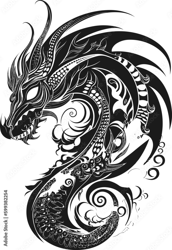Obraz premium Dragon tatto design. Vector illustration. dragon tribal