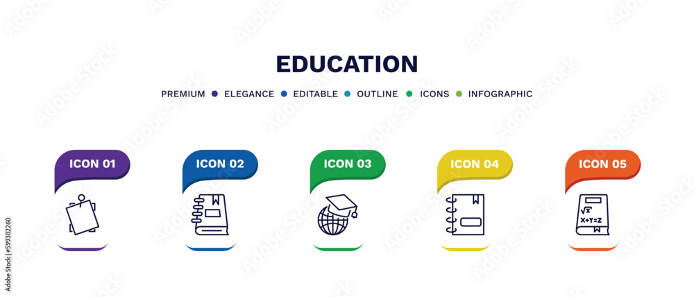 set of education thin line icons. education outline icons with infographic template. linear icons such as sticky note, notebook with bookmark, international graduate, agenda with bookmarks, math set of education thin line icons. education outline icons with infographic template. linear icons such as sticky note, notebook with bookmark, international graduate, agenda with bookmarks, math