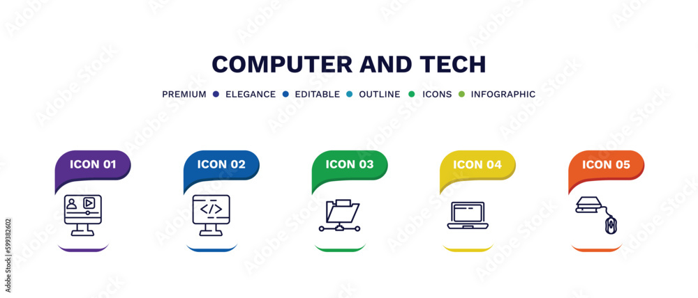 set of computer and tech thin line icons. computer and tech outline icons with infographic template. linear icons such as video lecture, computing code, connected folder data, laptop computer