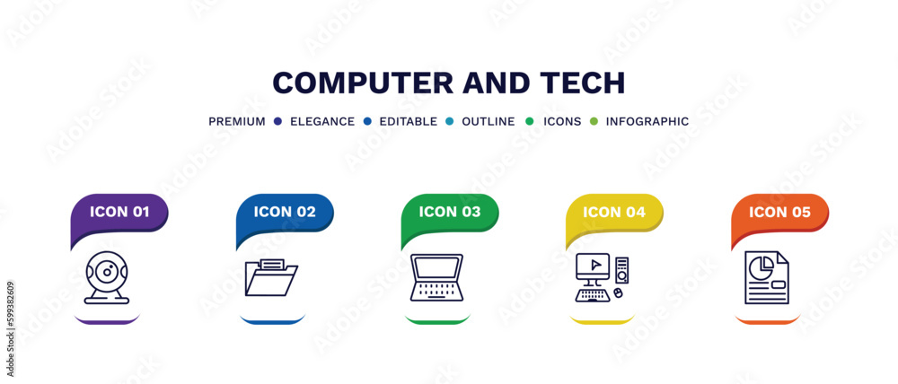 set of computer and tech thin line icons. computer and tech outline icons with infographic template. linear icons such as webcamera, computer folder, open laptop on, full data page vector.