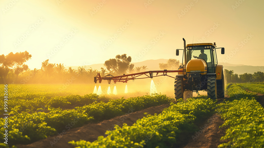Fototapeta premium farmer spraying field of vegetables with tractor. Generative Ai