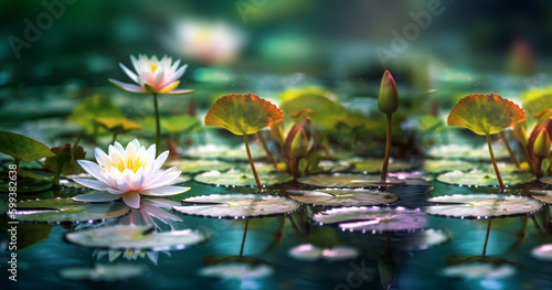 Beautiful pink lotus flower with a green leaf in the pond. A pink lotus water lily blooming on the water, magical spring,summer dreamy background