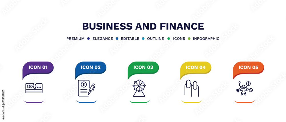 set of business and finance thin line icons. business and finance outline icons with infographic template. linear icons such as broken credit card, bailment, ferris wheels, nails, multitasking woman set of business and finance thin line icons. business and finance outline icons with infographic template. linear icons such as broken credit card, bailment, ferris wheels, nails, multitasking woman