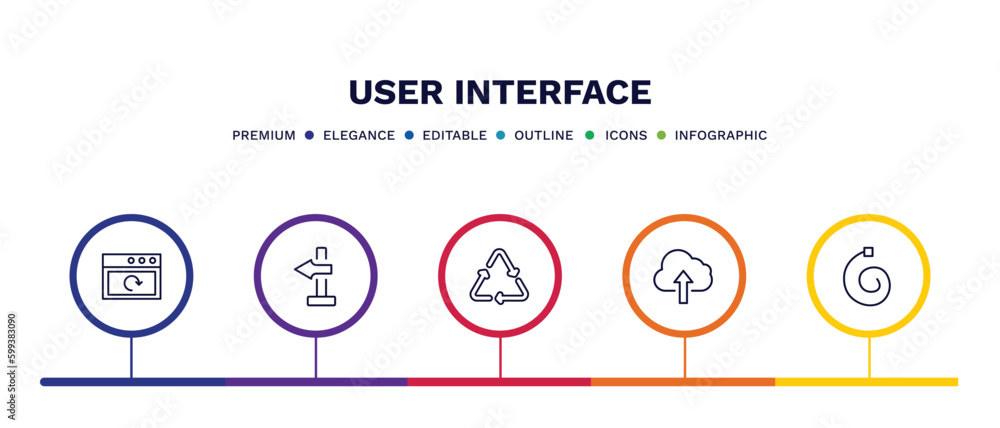 set of user interface thin line icons. user interface outline icons with infographic template. linear icons such as reload webpage, blank left arrow, recycable, cloud upload, spiral tool vector.