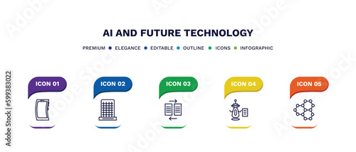 set of ai and future technology thin line icons. ai and future technology outline icons with infographic template. linear icons such as mobile flexible display, difference engine, data transfer,