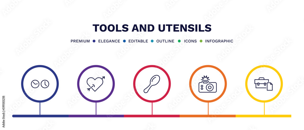 set of tools and utensils thin line icons. tools and utensils outline icons with infographic template. linear icons such as clocks, tattoo, large spoon, camera with flash, briefcase and document