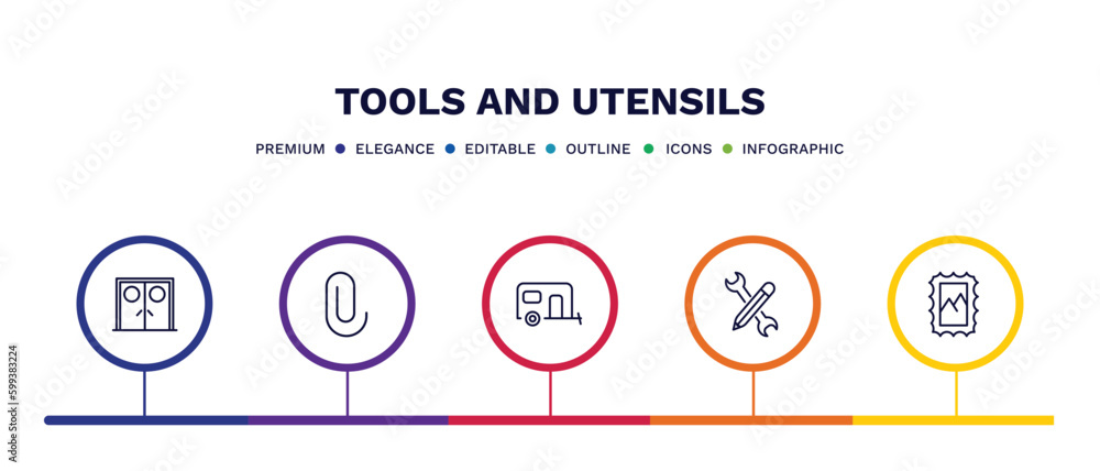 set of tools and utensils thin line icons. tools and utensils outline icons with infographic template. linear icons such as doors, attachments, house on wheels, edit tools, postage vector.