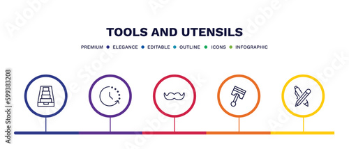 set of tools and utensils thin line icons. tools and utensils outline icons with infographic template. linear icons such as tray for papers, time left, moustaches, piston on, writing tool vector.