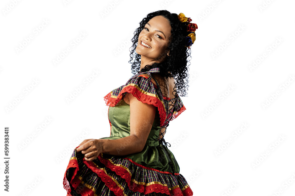 Brazilian woman wearing typical clothes for the Festa Junina dancing on white background