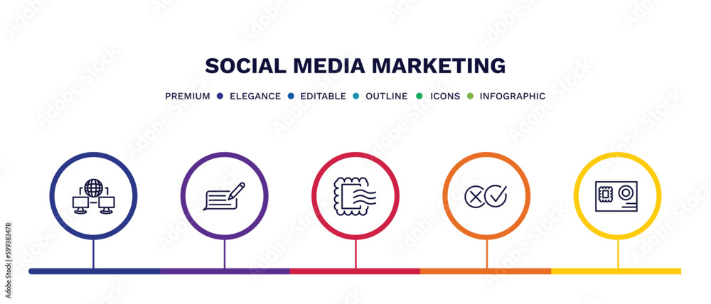 set of social media marketing thin line icons. social media marketing outline icons with infographic template. linear icons such as network conecction, feedback, postcard with stamp, pros and cons, set of social media marketing thin line icons. social media marketing outline icons with infographic template. linear icons such as network conecction, feedback, postcard with stamp, pros and cons,