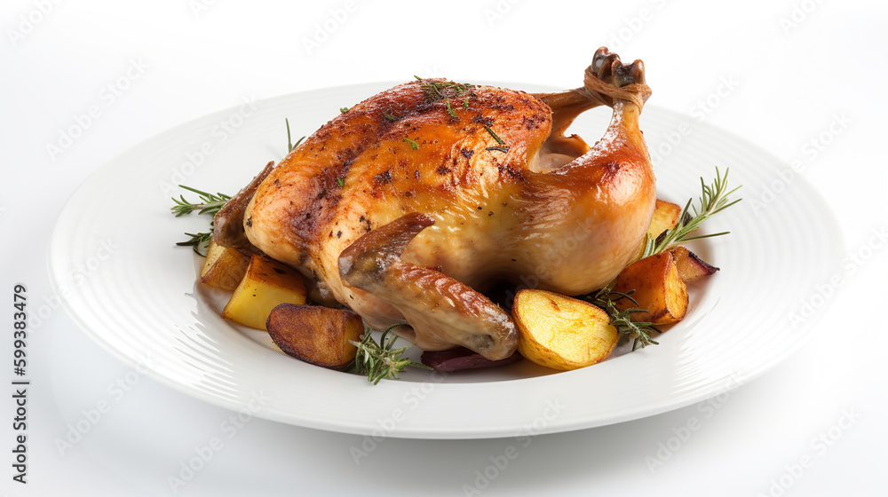 roasted chicken and potatoes on white plate, white isolated background. Generative Ai roasted chicken and potatoes on white plate, white isolated background. Generative Ai