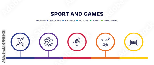 set of sport and games thin line icons. sport and games outline icons with infographic template. linear icons such as saber, volleyball ball, pencak silat, capoeira, hockey goal vector.