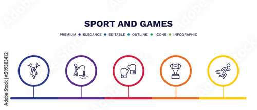 set of sport and games thin line icons. sport and games outline icons with infographic template. linear icons such as motor sports, fisher fishing, two boxing gloves, brazilian, excersice vector.