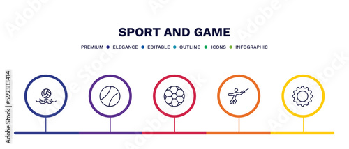 set of sport and game thin line icons. sport and game outline icons with infographic template. linear icons such as waterpolo, tennis sport ball, football ball, medieval fencing, equipment vector.