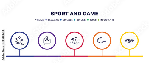 set of sport and game thin line icons. sport and game outline icons with infographic template. linear icons such as dancer motion, football channel, swimming figure, baseball helmet, champion belt