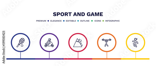 set of sport and game thin line icons. sport and game outline icons with infographic template. linear icons such as squash, motorbike riding, snow slide zone, weight lifting, wushu vector.