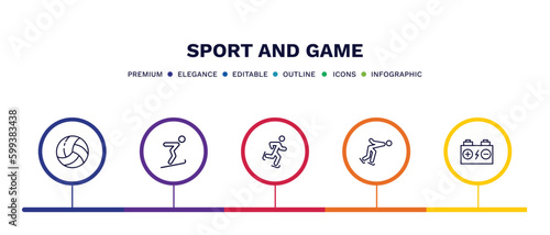 set of sport and game thin line icons. sport and game outline icons with infographic template. linear icons such as volleyball ball, jumping ski, ice skating, ice skating man, batter vector.