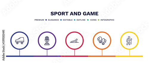 set of sport and game thin line icons. sport and game outline icons with infographic template. linear icons such as roller skate, world cup, man doing pushups, two boxing gloves, trekking vector.