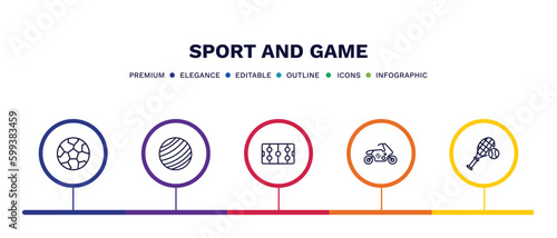 set of sport and game thin line icons. sport and game outline icons with infographic template. linear icons such as soccer football ball, gym ball, hockey arena, race bike, tennis game vector.