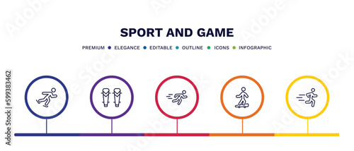 set of sport and game thin line icons. sport and game outline icons with infographic template. linear icons such as skating, shin guards, man sprinting, boy with skatingboard, excercise vector.