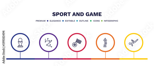 set of sport and game thin line icons. sport and game outline icons with infographic template. linear icons such as brazilian, slalom, motor sports, left bend, capoeira vector.