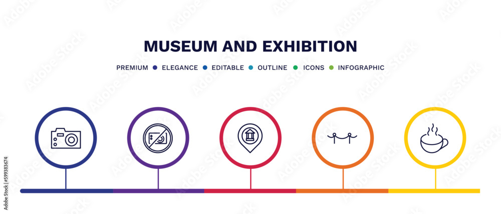 set of museum and exhibition thin line icons. museum and exhibition outline icons with infographic template. linear icons such as photographic, no photo, museum map, fencing, cafe vector. set of museum and exhibition thin line icons. museum and exhibition outline icons with infographic template. linear icons such as photographic, no photo, museum map, fencing, cafe vector.
