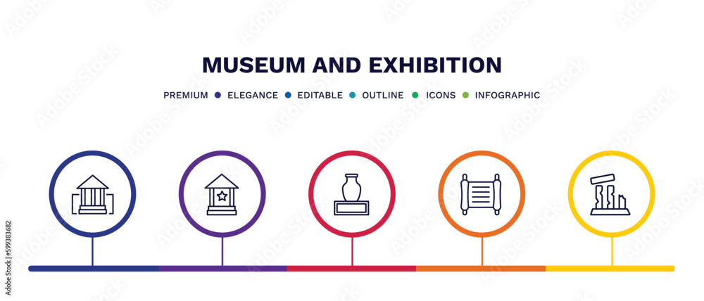 set of museum and exhibition thin line icons. museum and exhibition outline icons with infographic template. linear icons such as buffalo, cinema, ceramic, paper scroll, relics vector. set of museum and exhibition thin line icons. museum and exhibition outline icons with infographic template. linear icons such as buffalo, cinema, ceramic, paper scroll, relics vector.