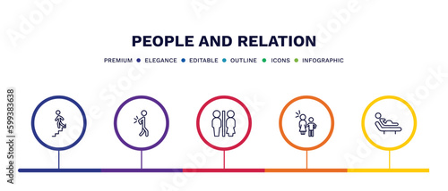 set of people and relation thin line icons. people and relation outline icons with infographic template. linear icons such as downstairs, spindle, restroom, sexual harassment, birth vector.